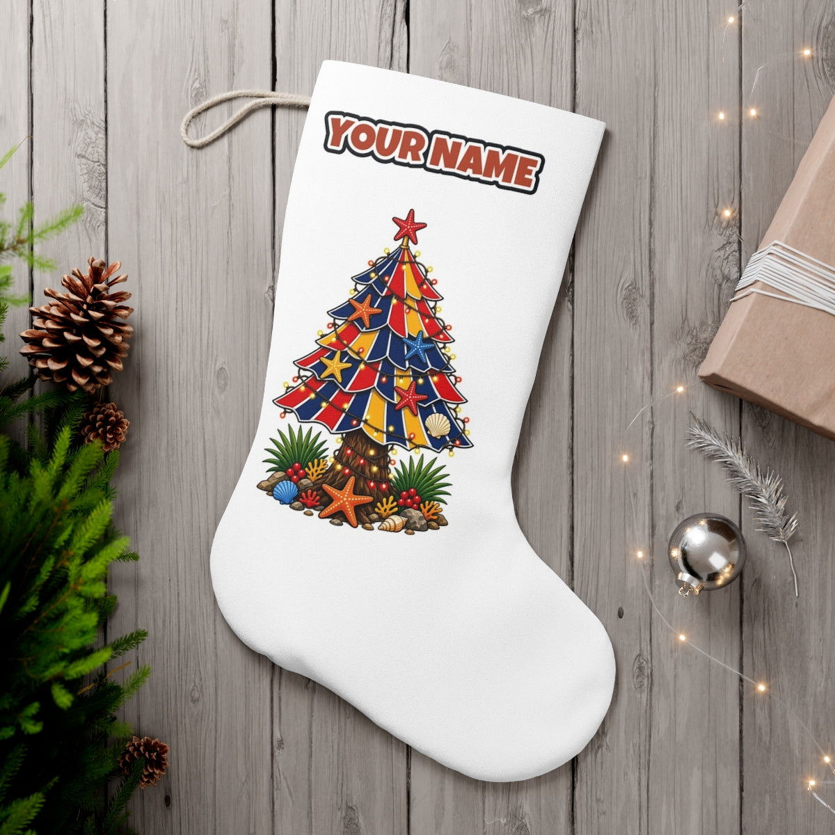Beach Umbrella Christmas Tree personalised Christmas stocking, white, with the name across the top