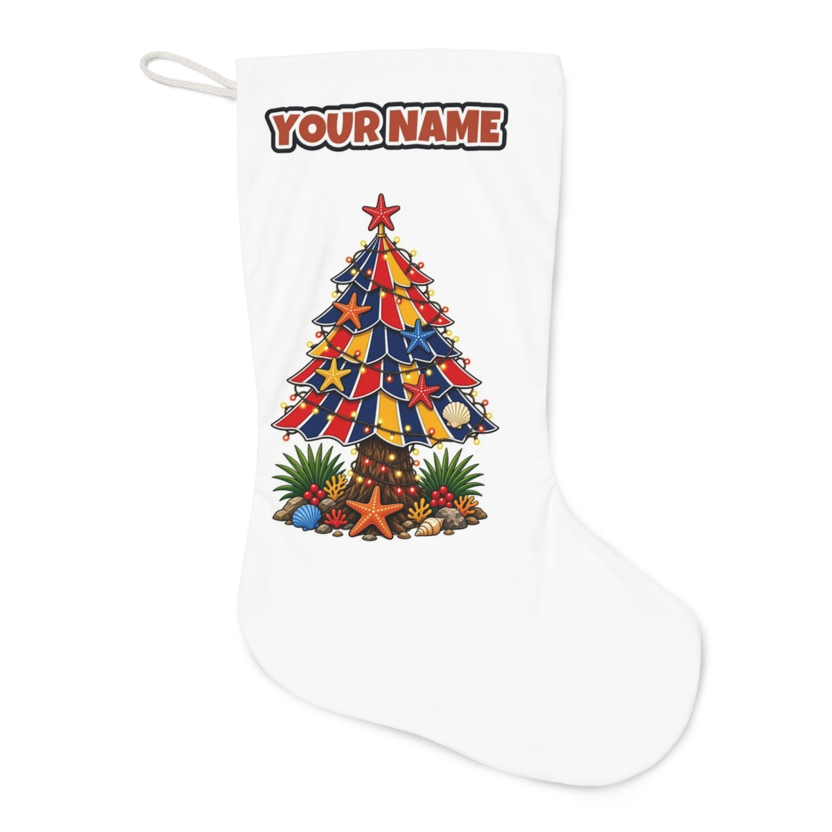 Beach Umbrella Christmas Tree Christmas stocking laid flat, showing the full print
