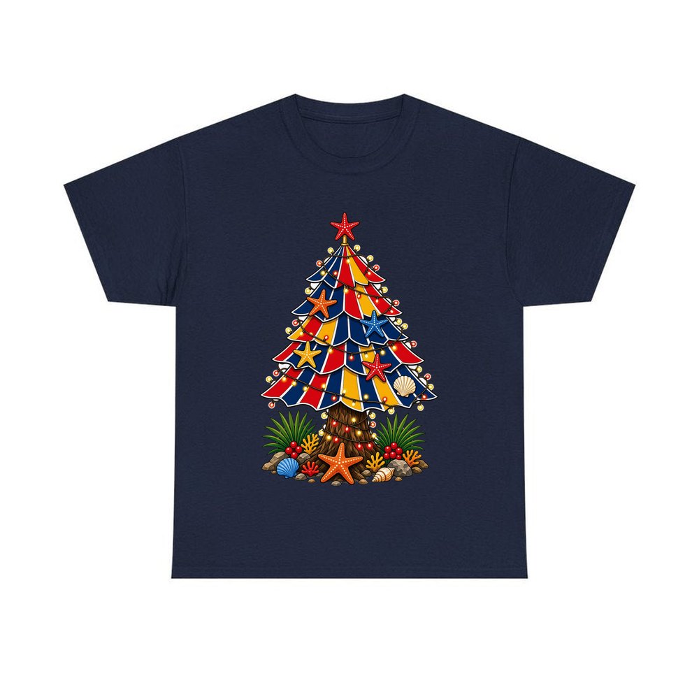 Beach Umbrella Christmas Tree personalised Christmas T-shirt in navy