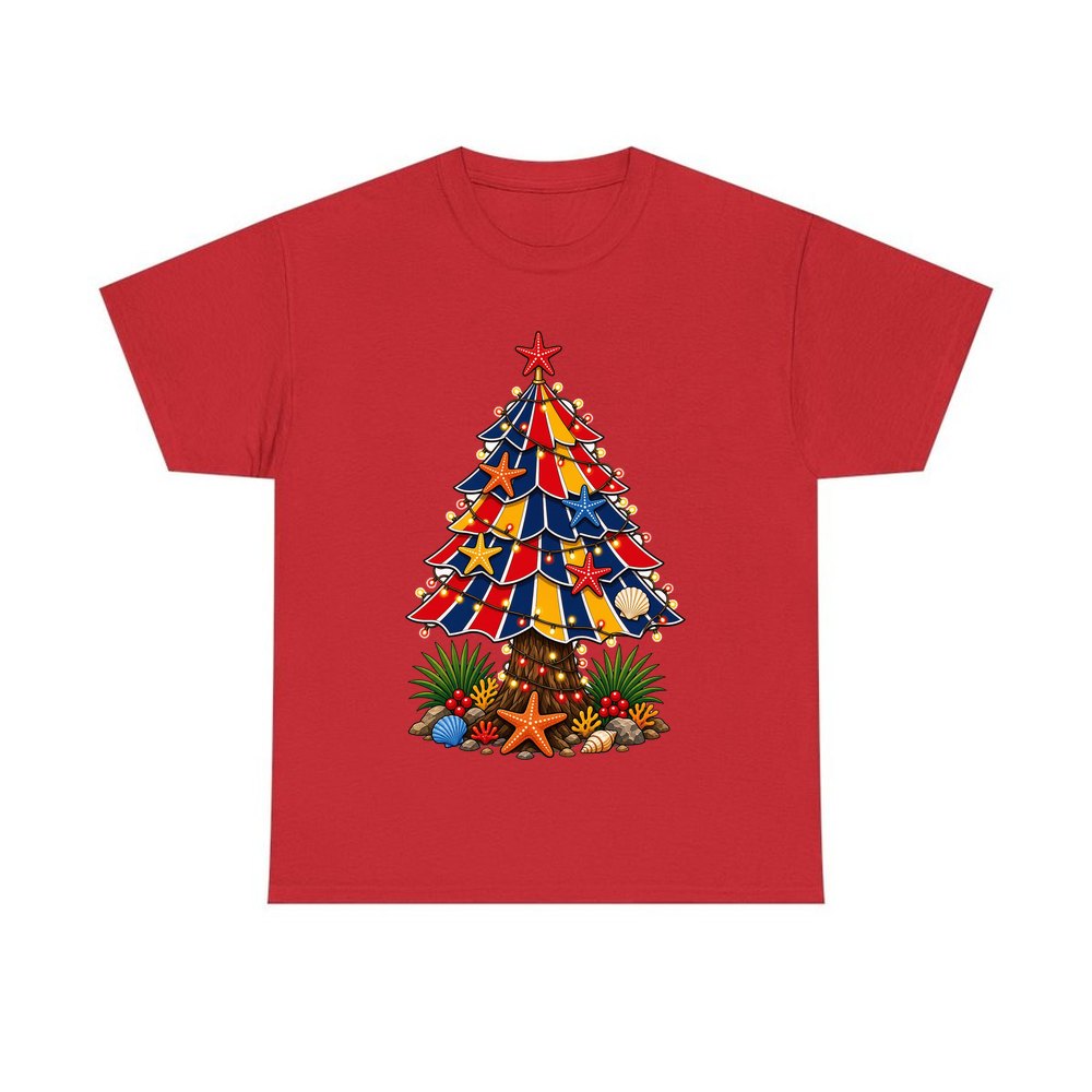 Beach Umbrella Christmas Tree personalised Christmas T-shirt in red