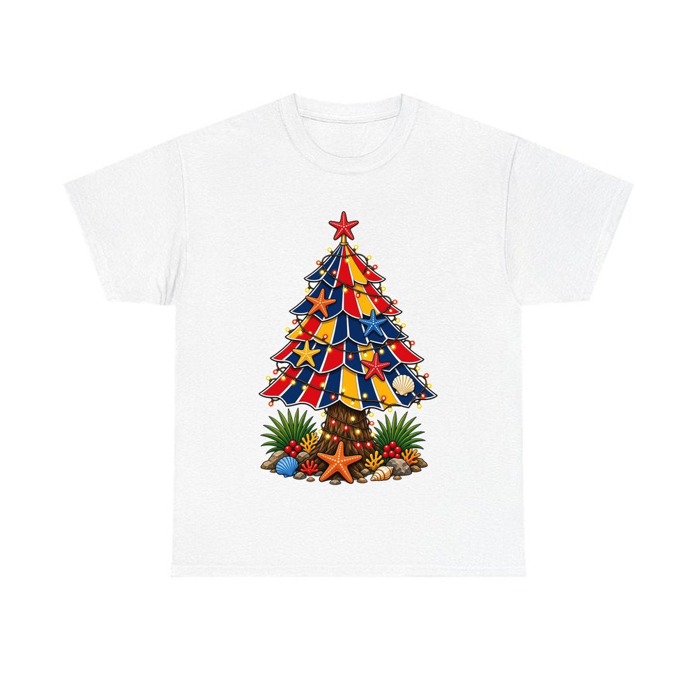 Beach Umbrella Christmas Tree personalised Christmas T-shirt in white