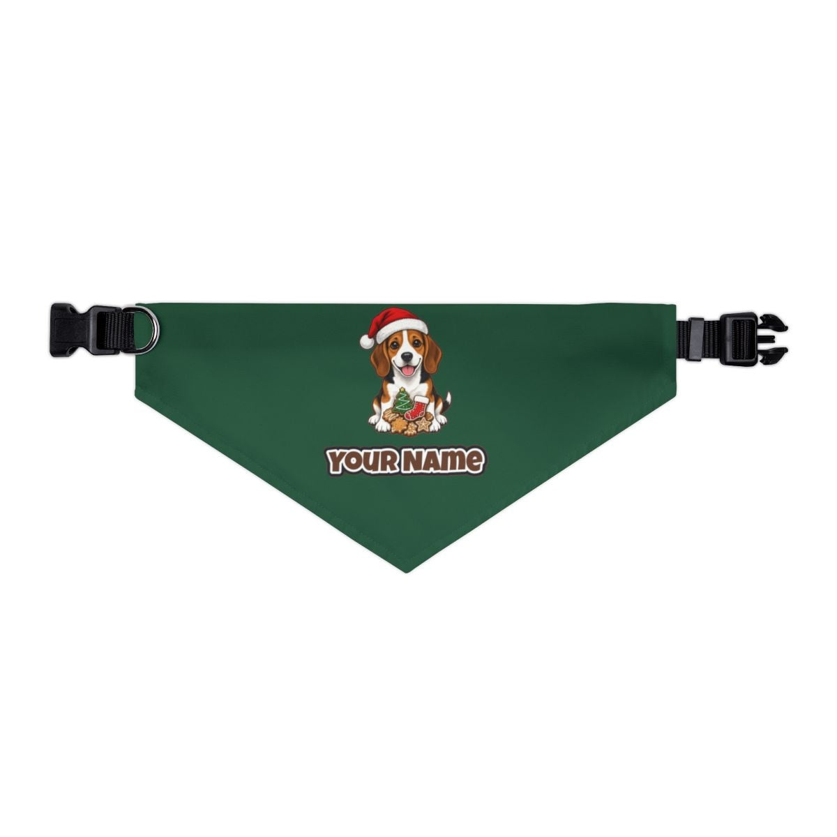 Beagle personalised Christmas pet bandana in green, collar with buckle