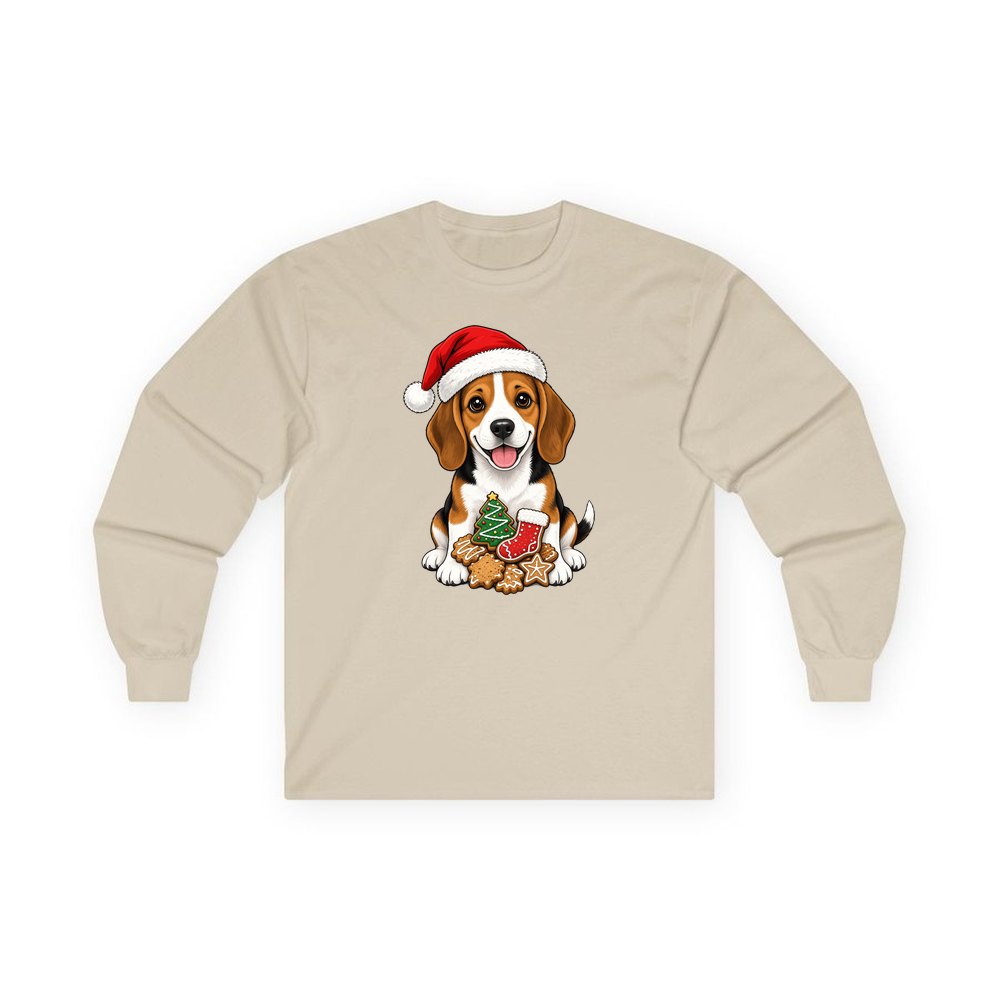 Beagle personalised long sleeve Christmas T-shirt in sand