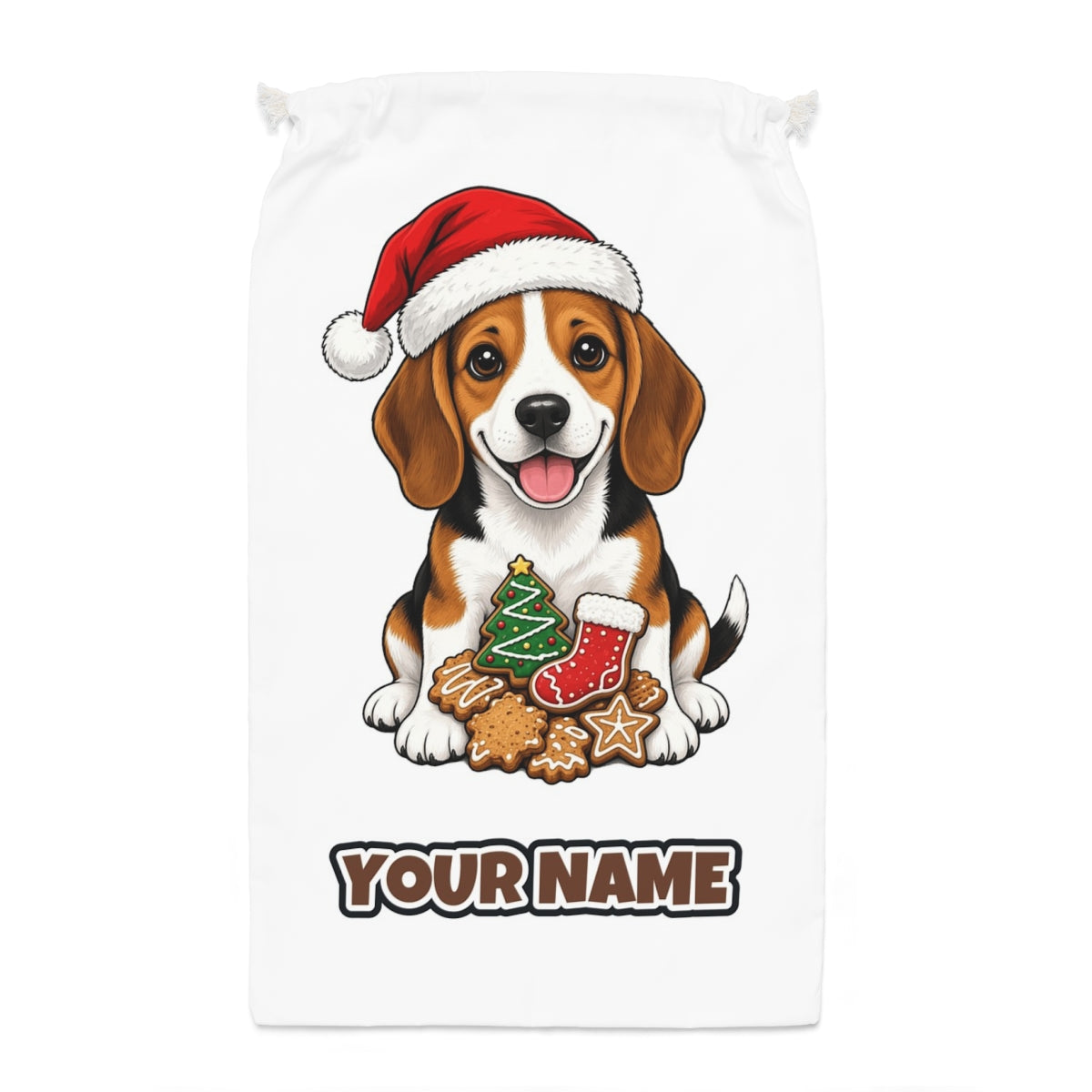 Beagle Santa sack laid flat, showing the full print