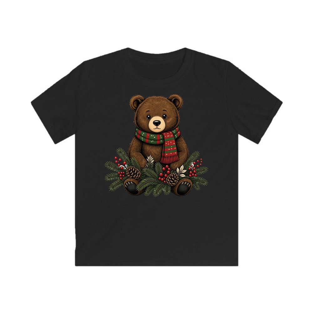Bear Cub In Striped Scarf personalised kids Christmas tee in black