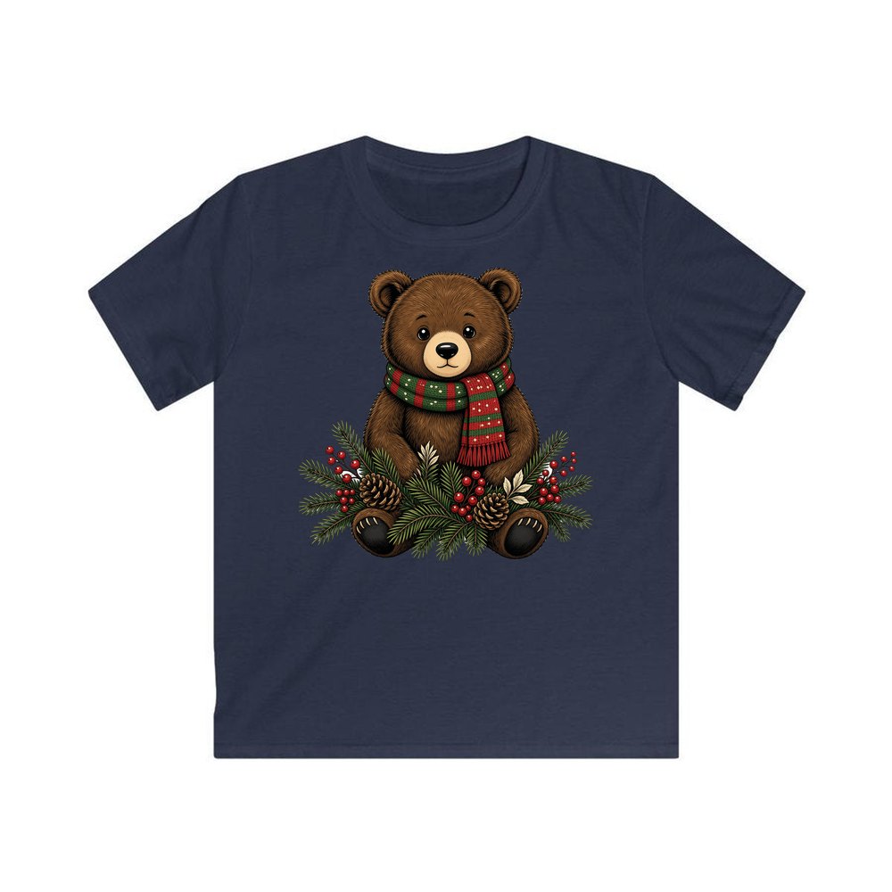 Bear Cub In Striped Scarf personalised kids Christmas tee in navy