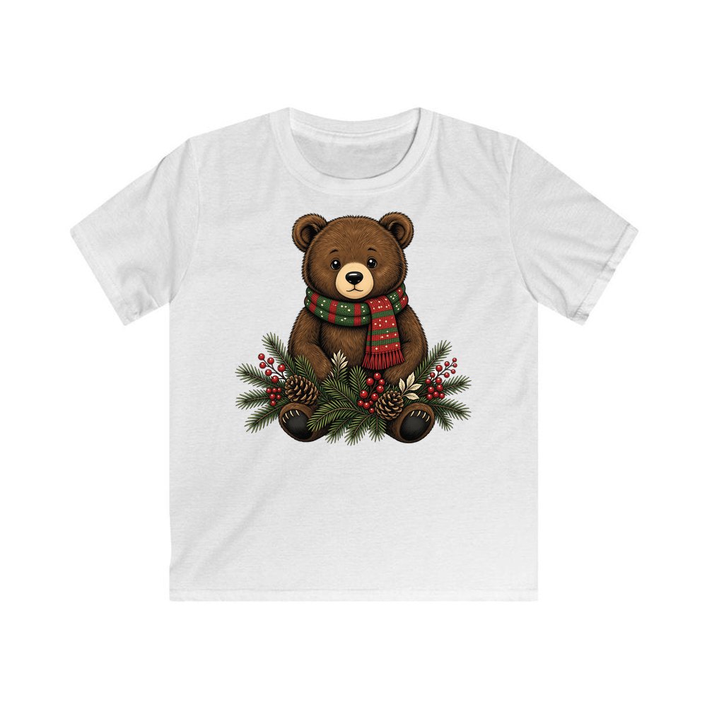Bear Cub In Striped Scarf personalised kids Christmas tee in white