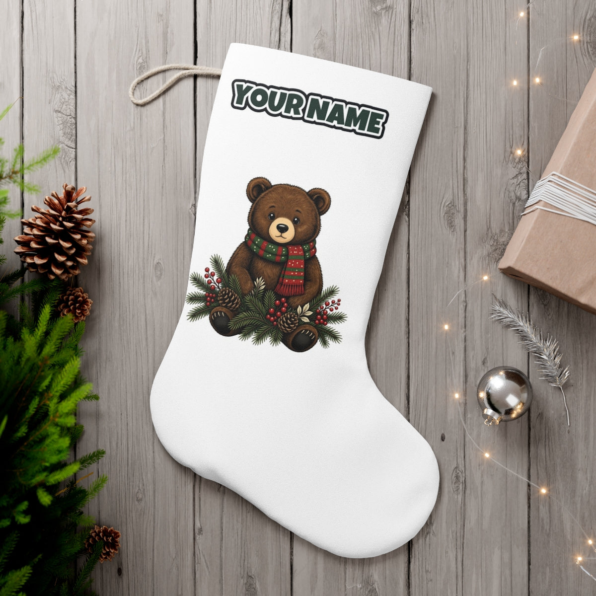 Bear Cub In Striped Scarf personalised Christmas stocking, white, with the name across the top