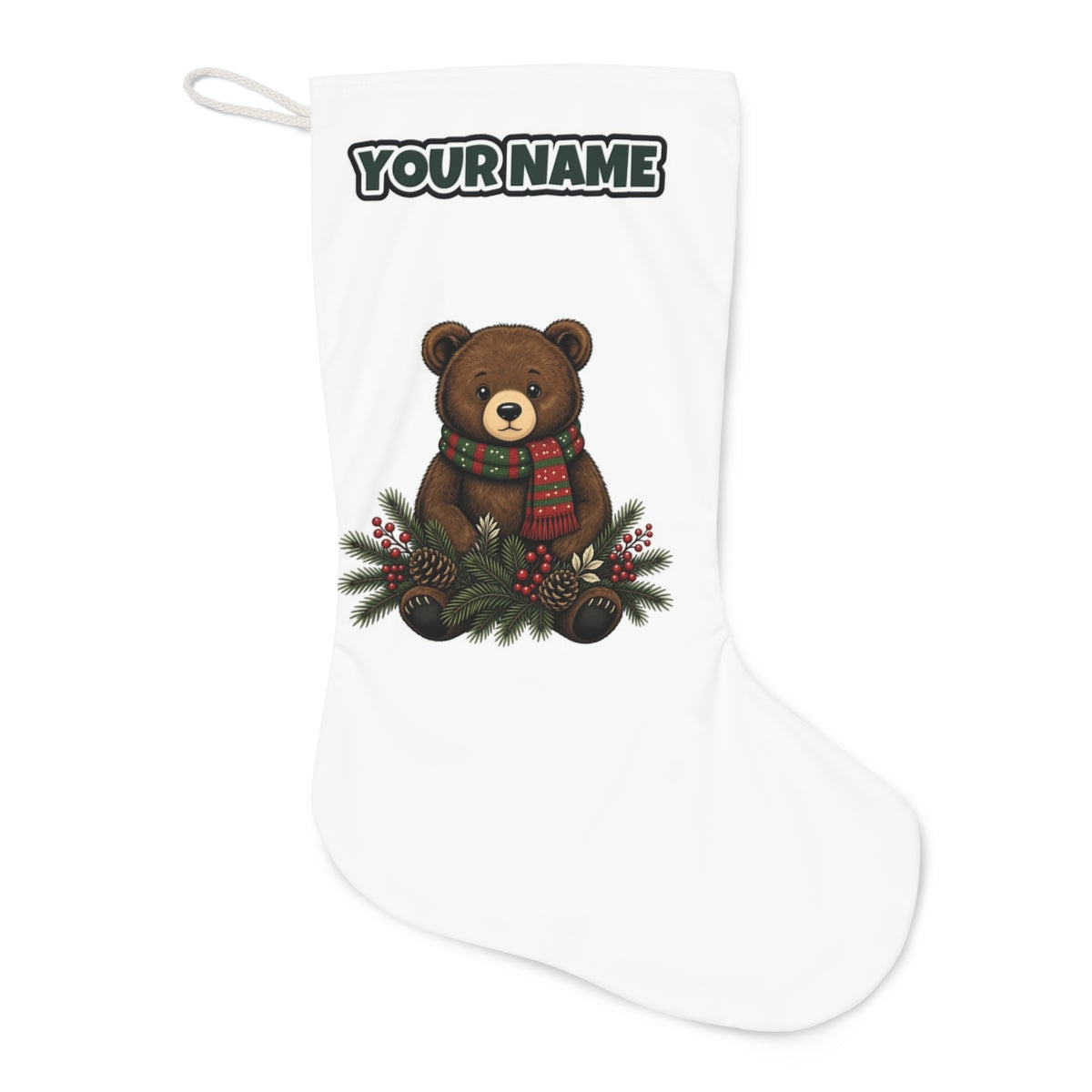 Bear Cub In Striped Scarf Christmas stocking laid flat, showing the full print