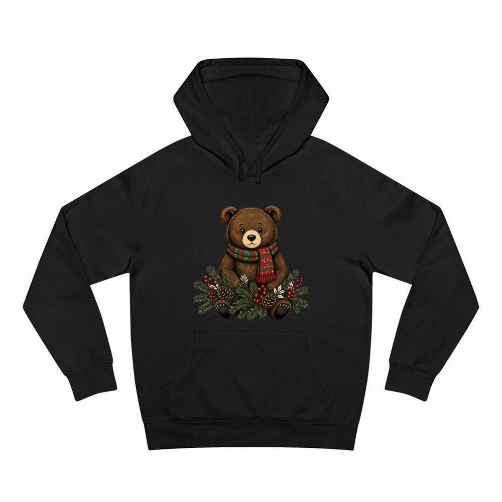 Bear Cub In Striped Scarf personalised Christmas hoodie in black