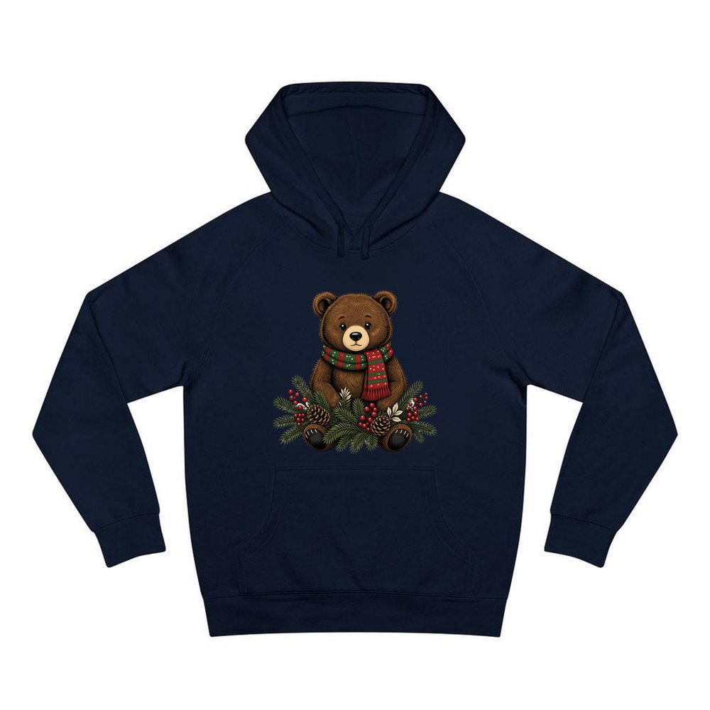 Bear Cub In Striped Scarf personalised Christmas hoodie in navy