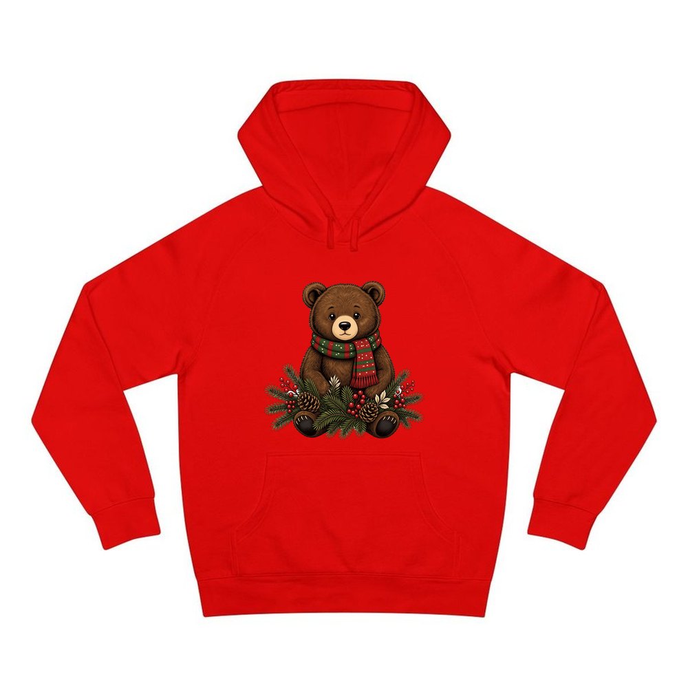 Bear Cub In Striped Scarf personalised Christmas hoodie in red