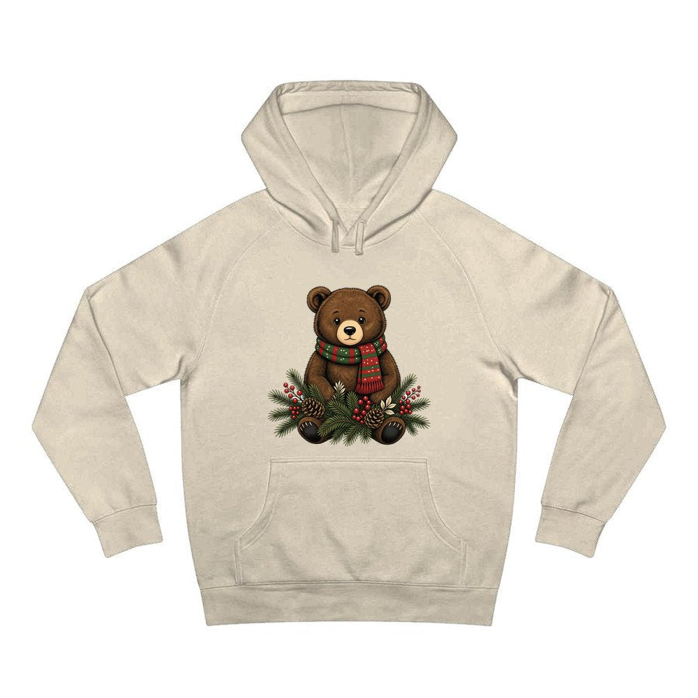 Bear Cub In Striped Scarf personalised Christmas hoodie in sand