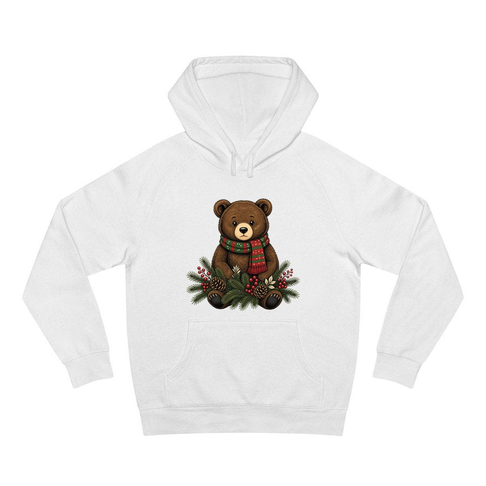 Bear Cub In Striped Scarf personalised Christmas hoodie in white