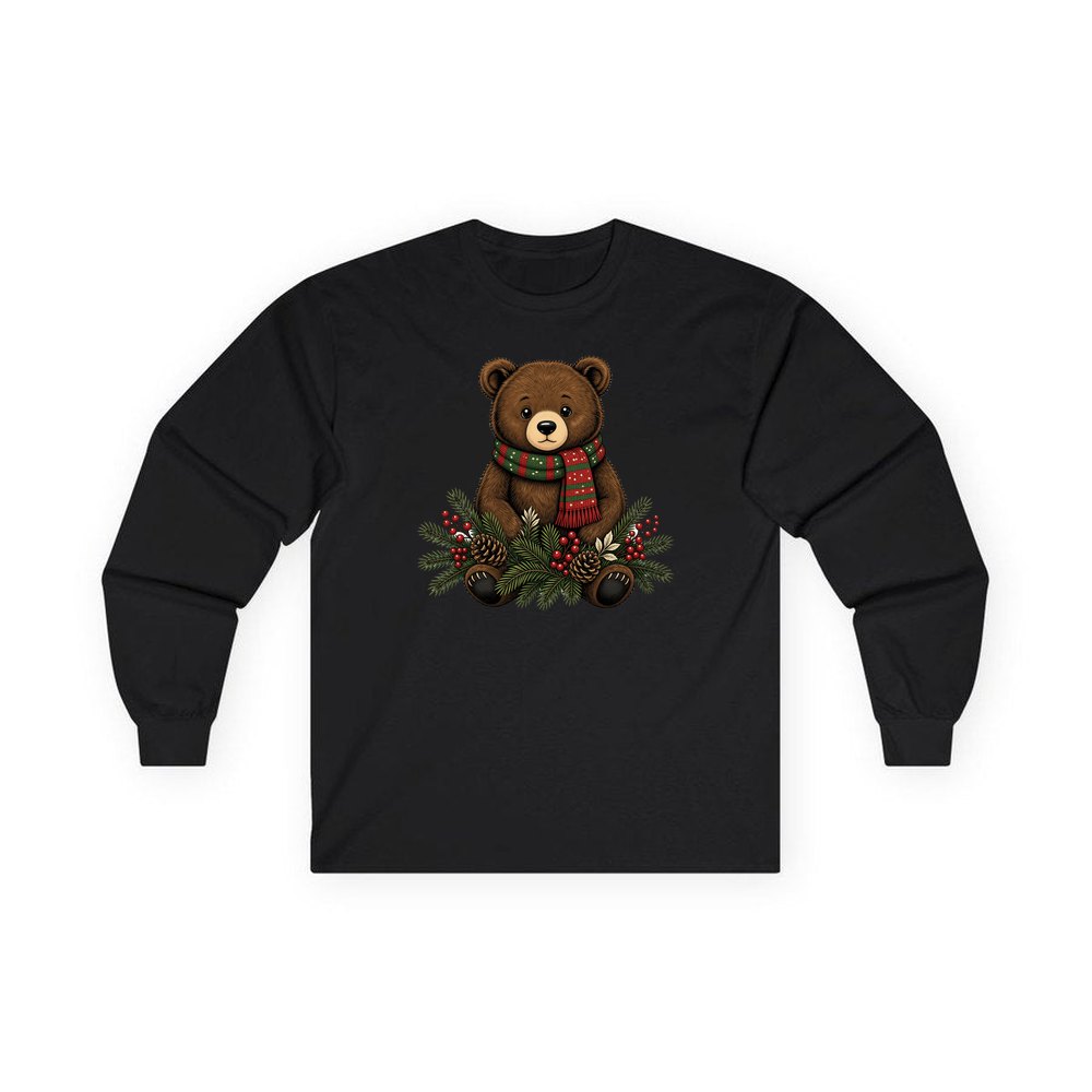 Bear Cub In Striped Scarf personalised long sleeve Christmas T-shirt in black