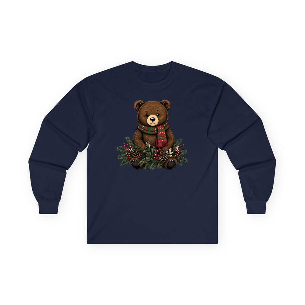 Bear Cub In Striped Scarf personalised long sleeve Christmas T-shirt in navy