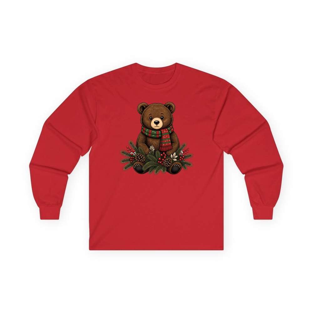 Bear Cub In Striped Scarf personalised long sleeve Christmas T-shirt in red