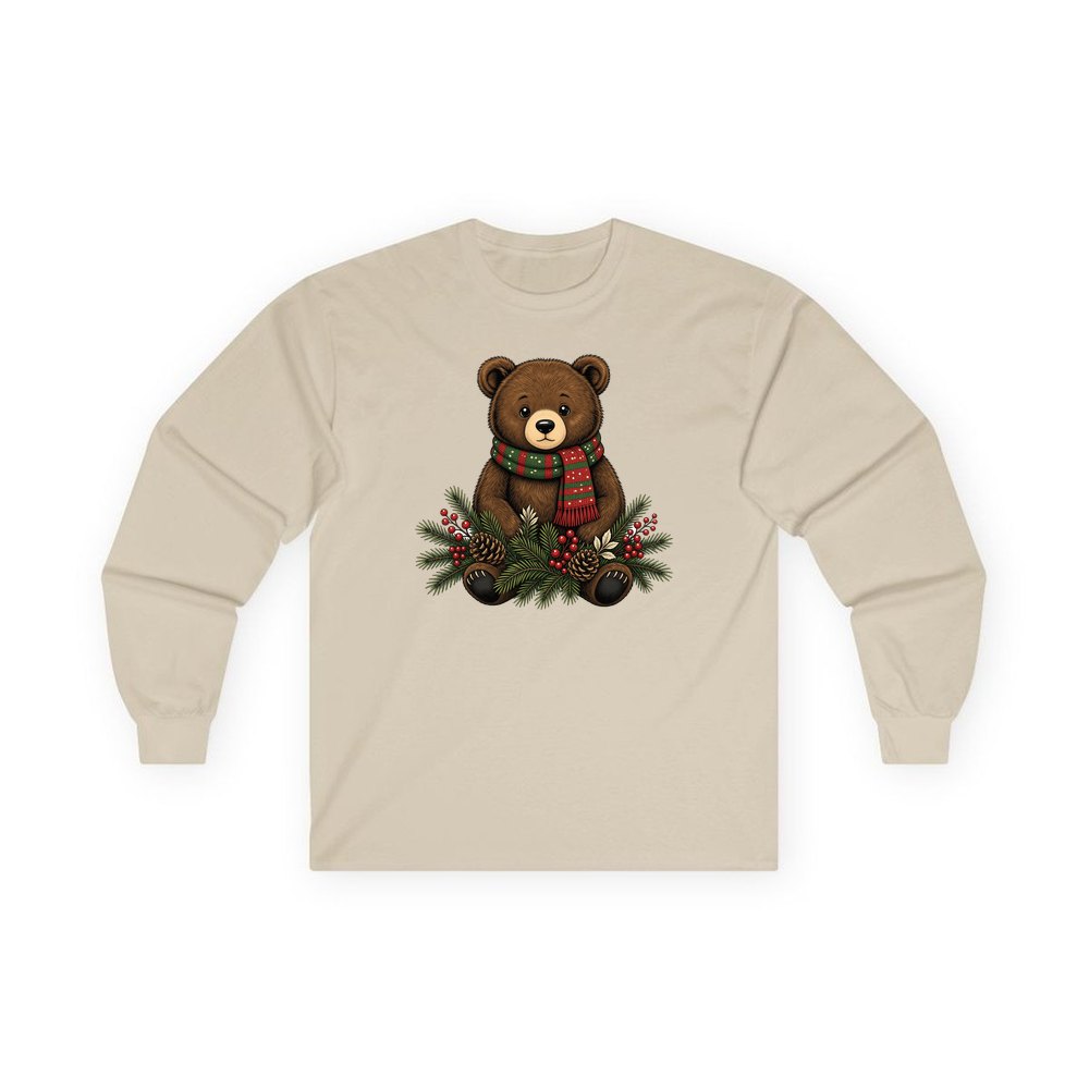 Bear Cub In Striped Scarf personalised long sleeve Christmas T-shirt in sand