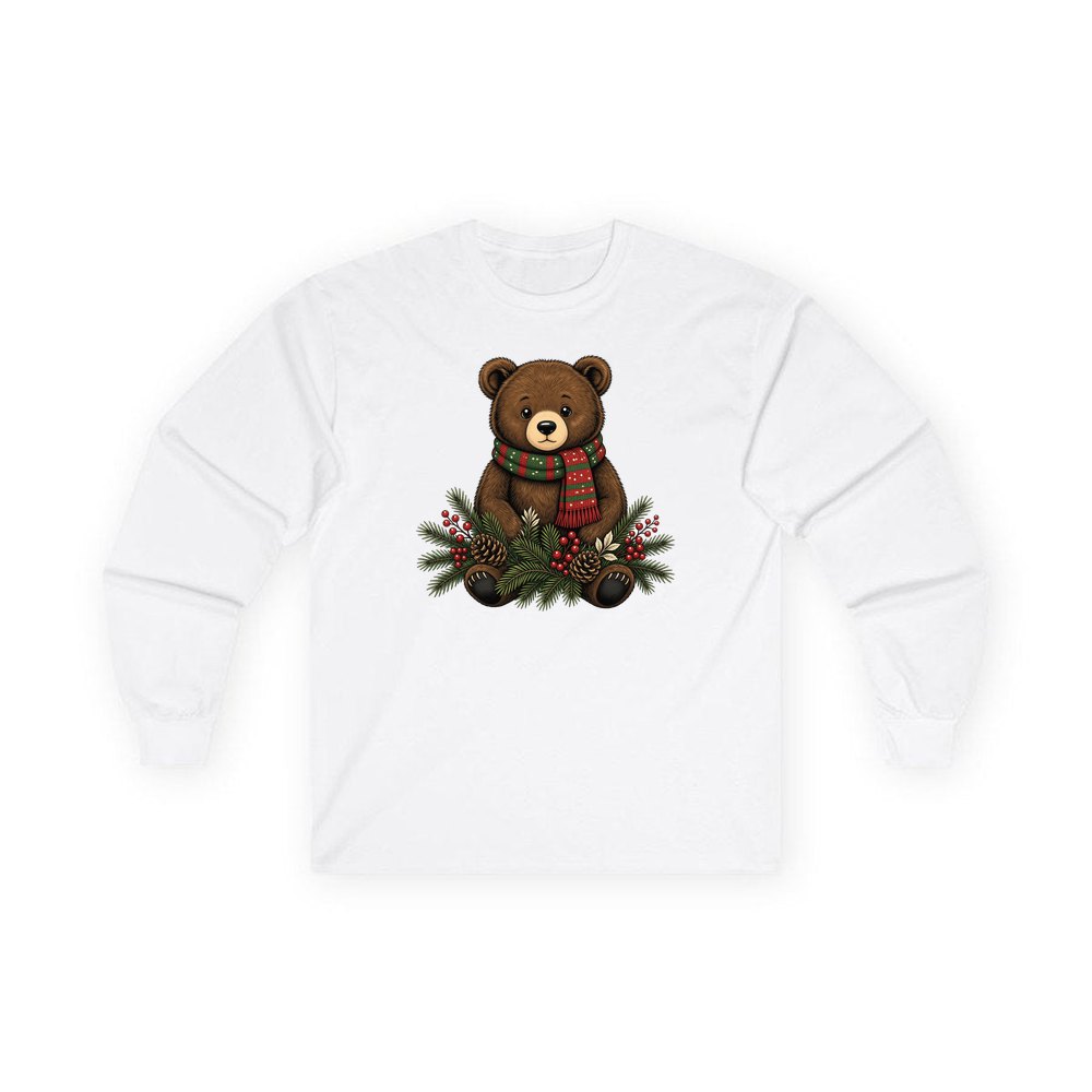 Bear Cub In Striped Scarf personalised long sleeve Christmas T-shirt in white