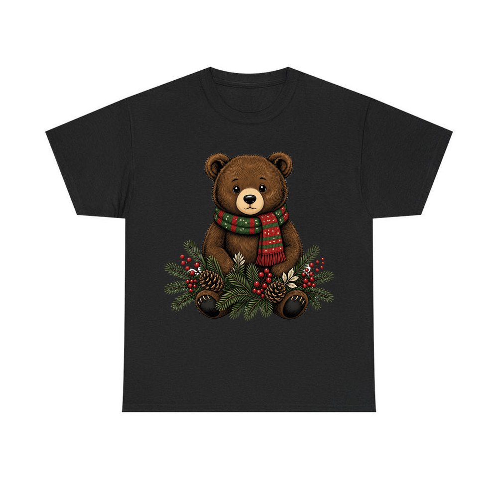 Bear Cub In Striped Scarf personalised Christmas T-shirt in black