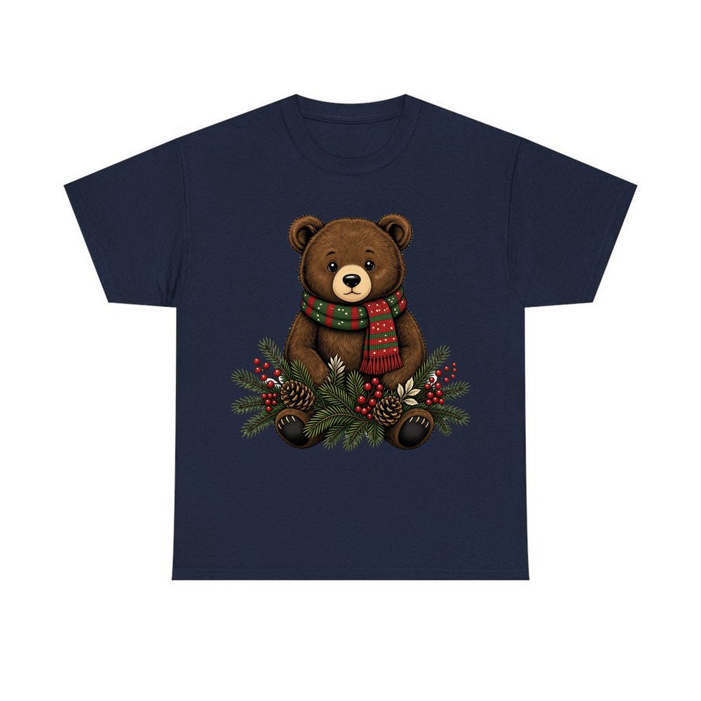 Bear Cub In Striped Scarf personalised Christmas T-shirt in navy