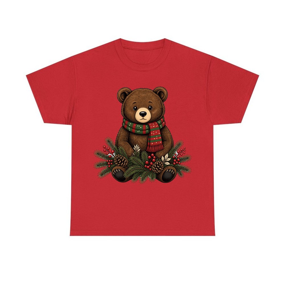 Bear Cub In Striped Scarf personalised Christmas T-shirt in red