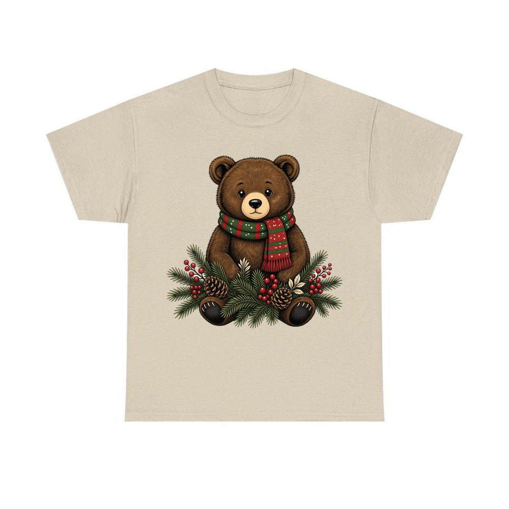 Bear Cub In Striped Scarf personalised Christmas T-shirt in sand