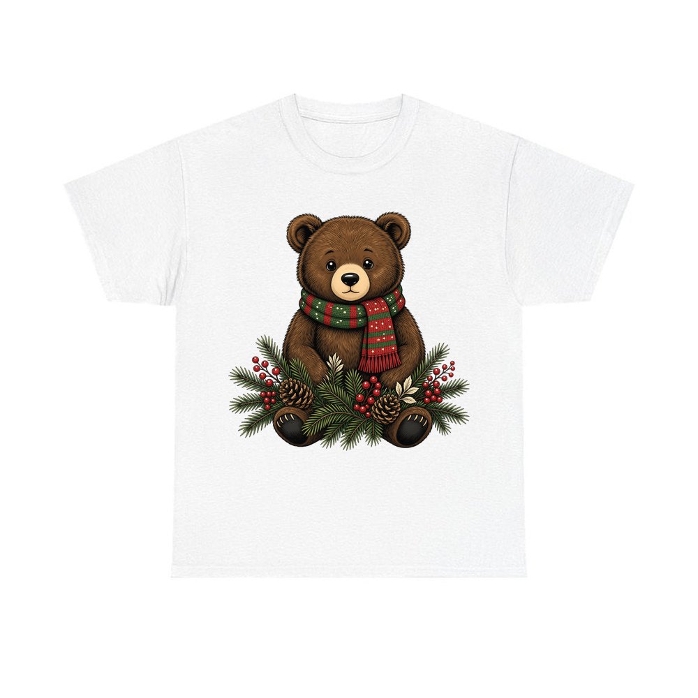 Bear Cub In Striped Scarf personalised Christmas T-shirt in white