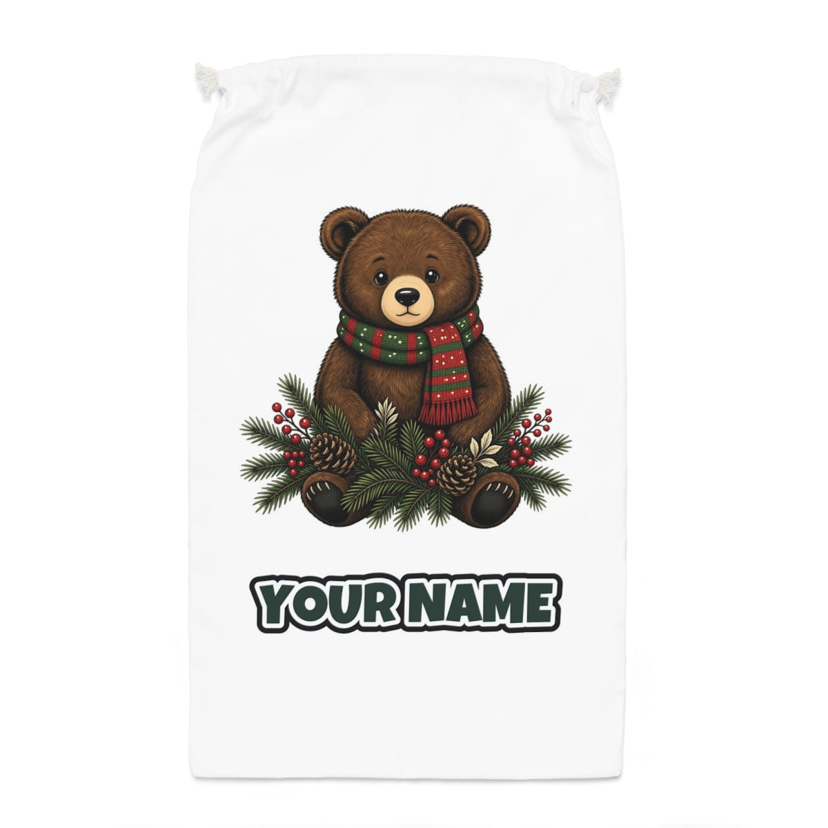 Bear Cub In Striped Scarf Santa sack laid flat, showing the full print