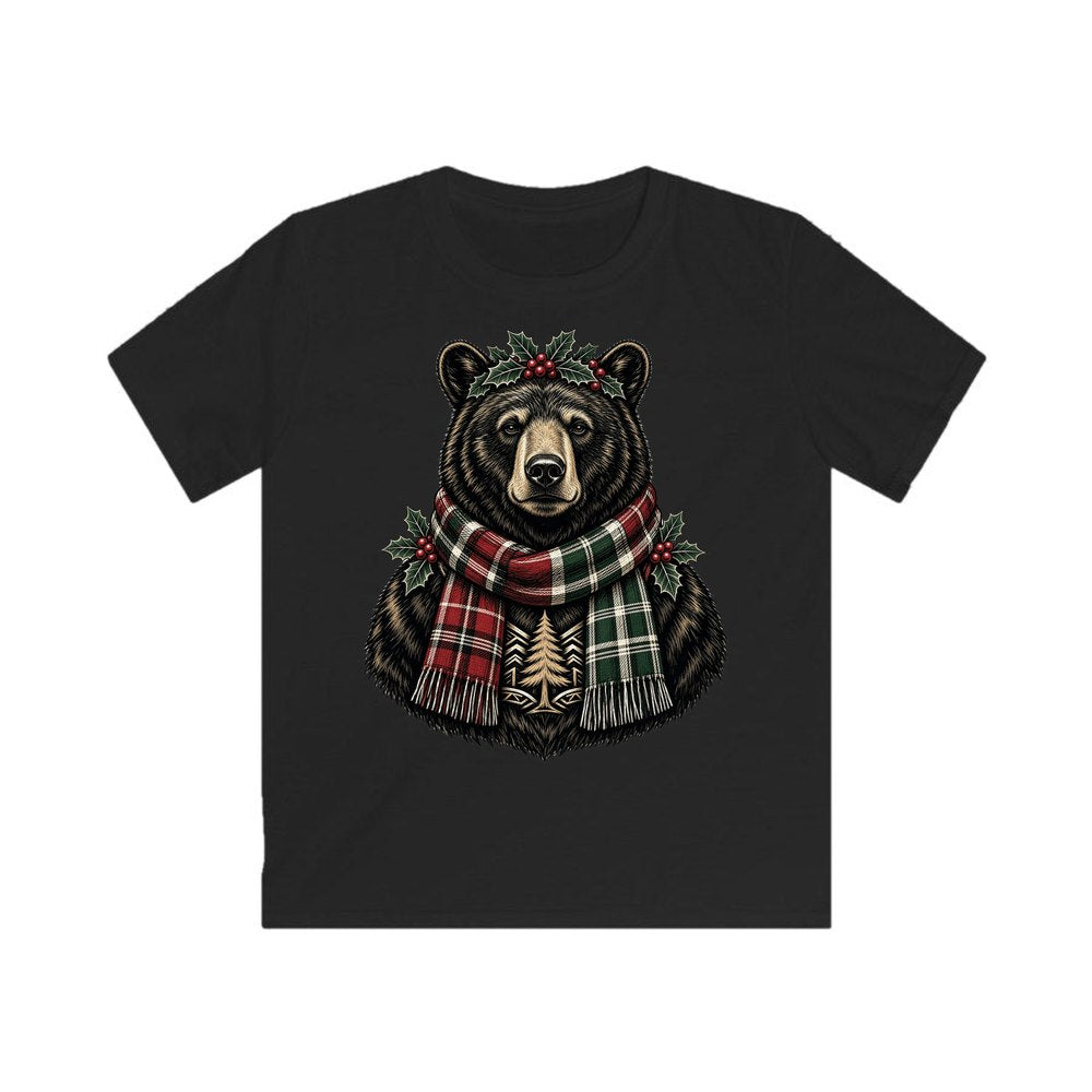Bear In A Tartan Scarf personalised kids Christmas tee in black