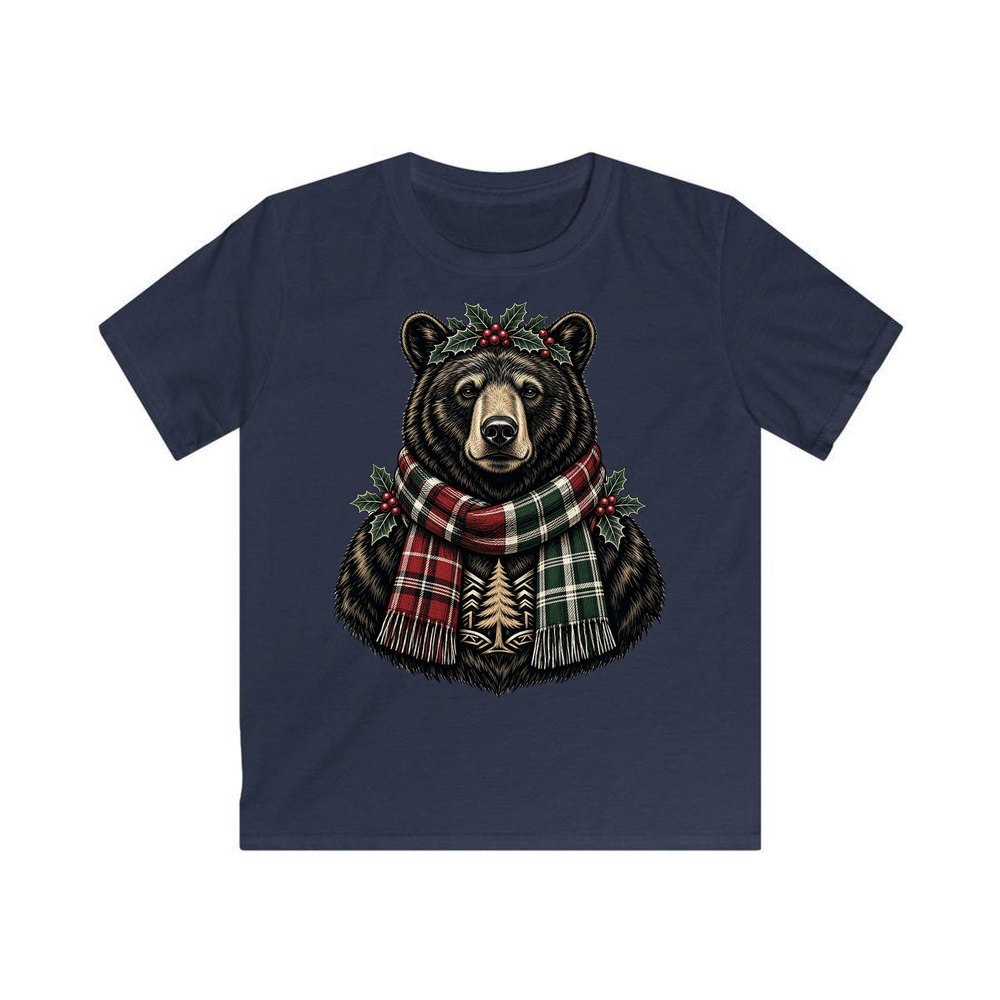Bear In A Tartan Scarf personalised kids Christmas tee in navy