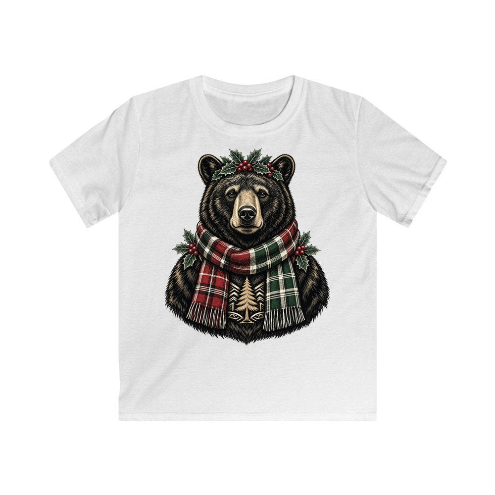 Bear In A Tartan Scarf personalised kids Christmas tee in white