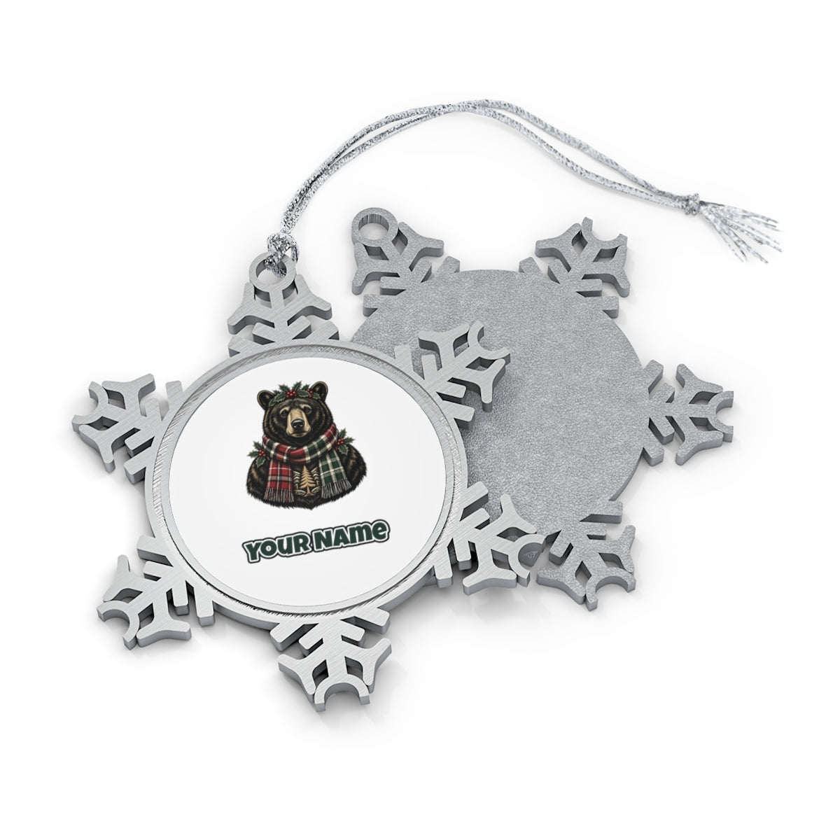 Bear In A Tartan Scarf Personalised Pewter Christmas Ornament