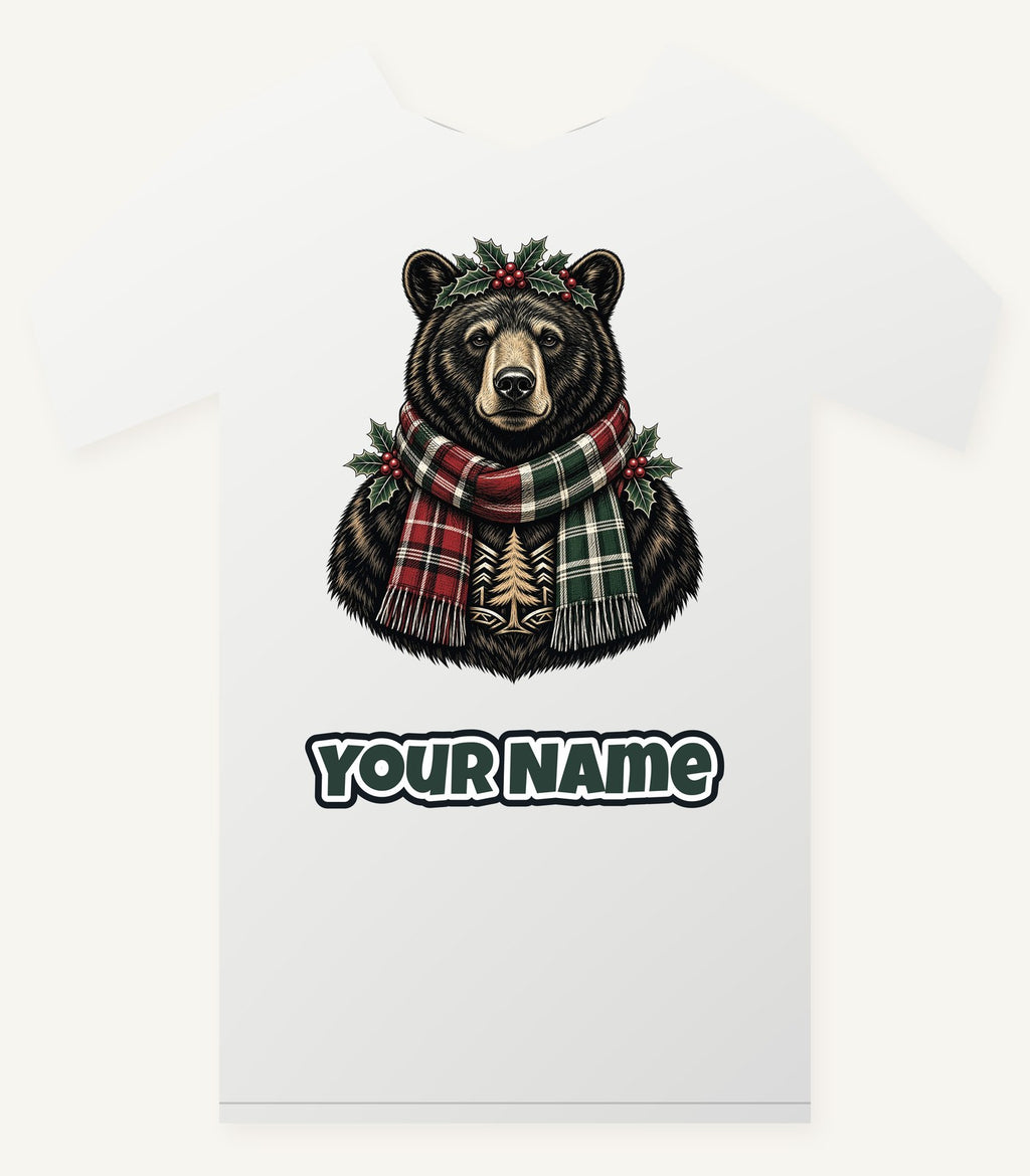 Bear In A Tartan Scarf Personalised Christmas T-Shirt and Hoodie
