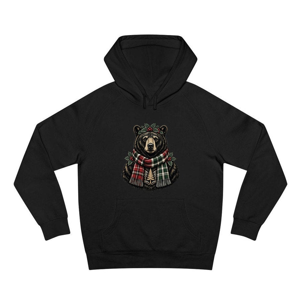Bear In A Tartan Scarf personalised Christmas hoodie in black
