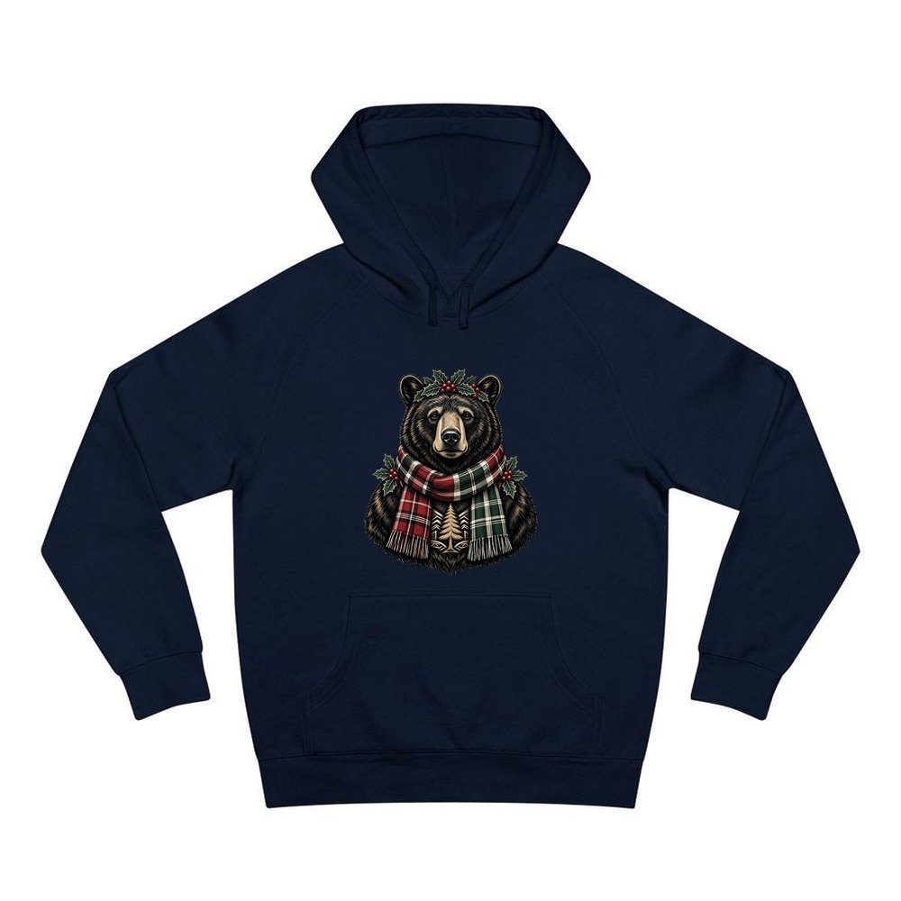 Bear In A Tartan Scarf personalised Christmas hoodie in navy