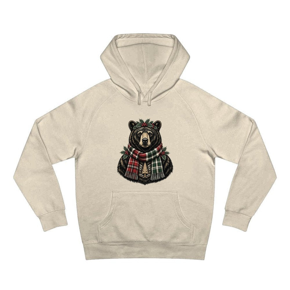 Bear In A Tartan Scarf personalised Christmas hoodie in sand