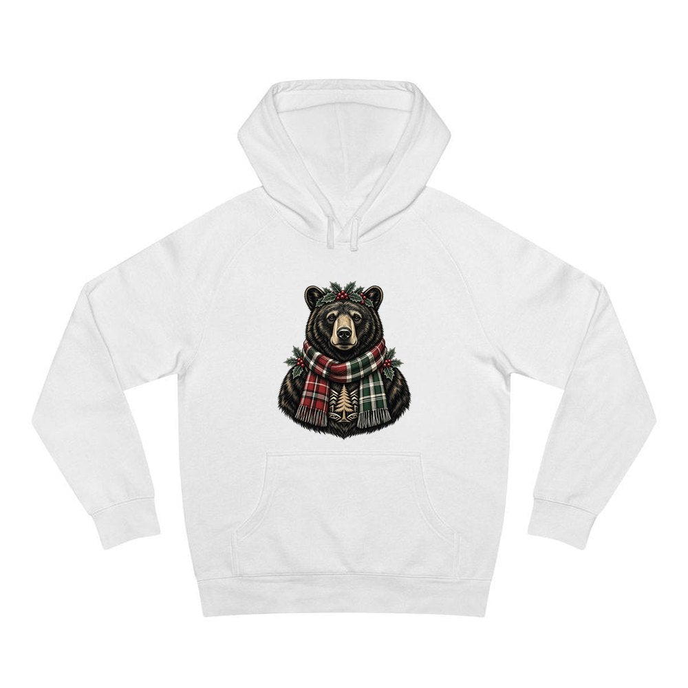 Bear In A Tartan Scarf personalised Christmas hoodie in white