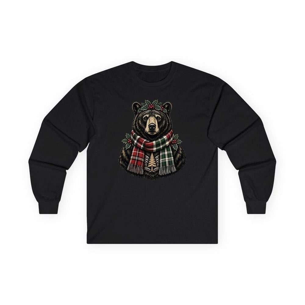 Bear In A Tartan Scarf personalised long sleeve Christmas T-shirt in black