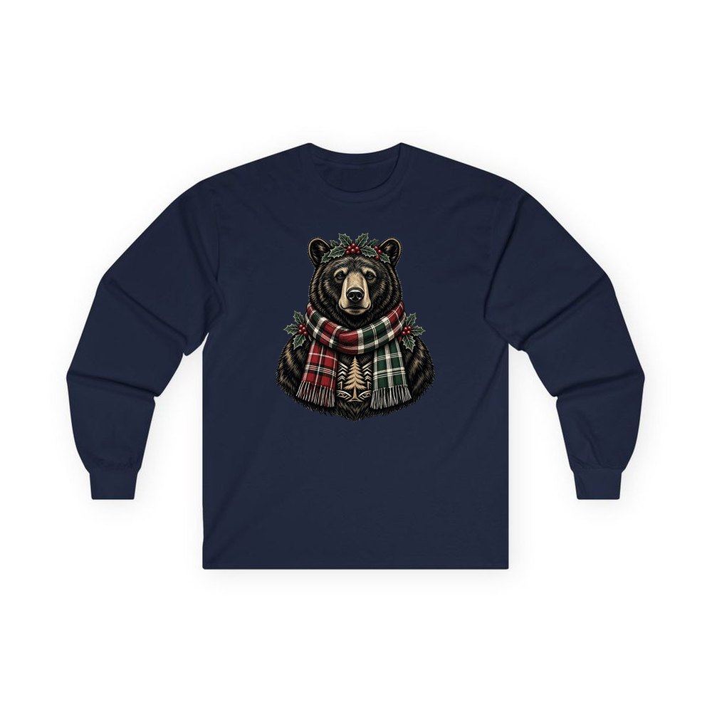Bear In A Tartan Scarf personalised long sleeve Christmas T-shirt in navy