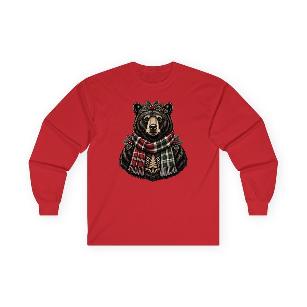 Bear In A Tartan Scarf personalised long sleeve Christmas T-shirt in red