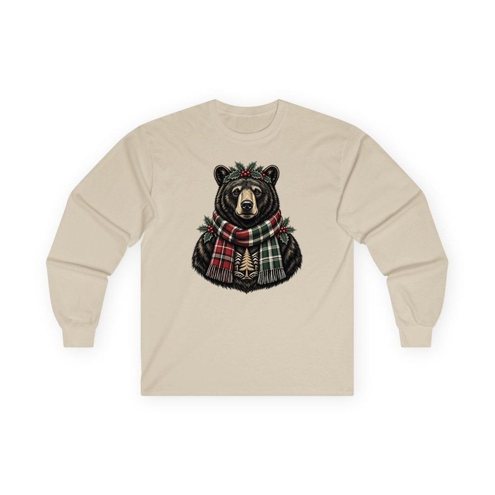 Bear In A Tartan Scarf personalised long sleeve Christmas T-shirt in sand