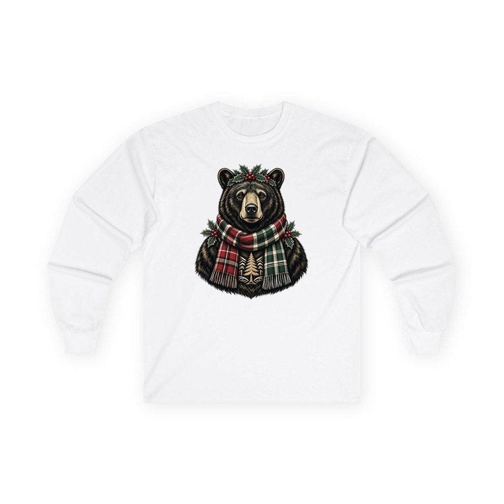 Bear In A Tartan Scarf personalised long sleeve Christmas T-shirt in white