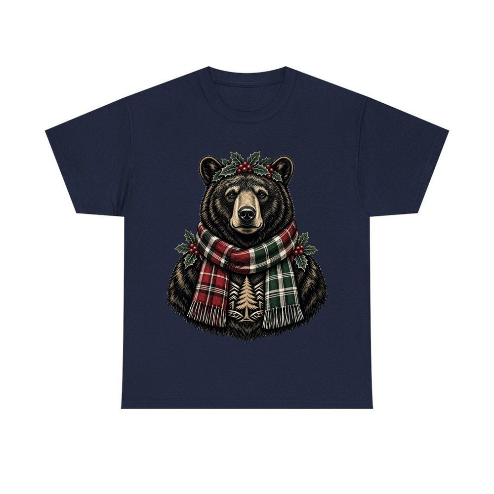 Bear In A Tartan Scarf personalised Christmas T-shirt in navy