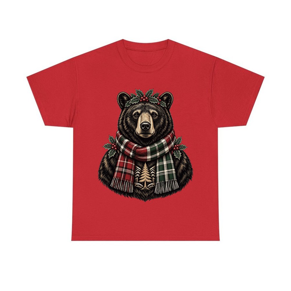 Bear In A Tartan Scarf personalised Christmas T-shirt in red