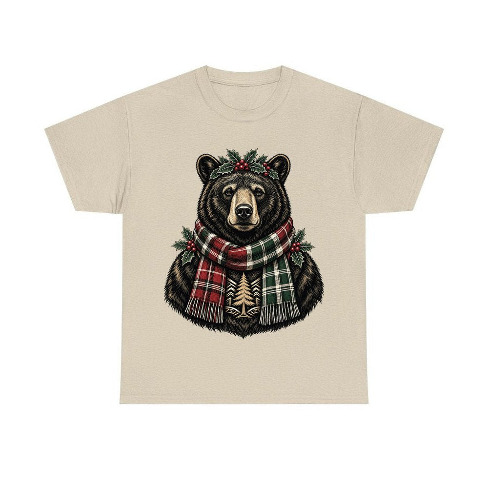 Bear In A Tartan Scarf personalised Christmas T-shirt in sand