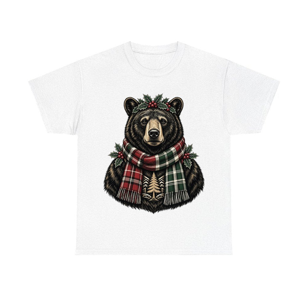 Bear In A Tartan Scarf personalised Christmas T-shirt in white