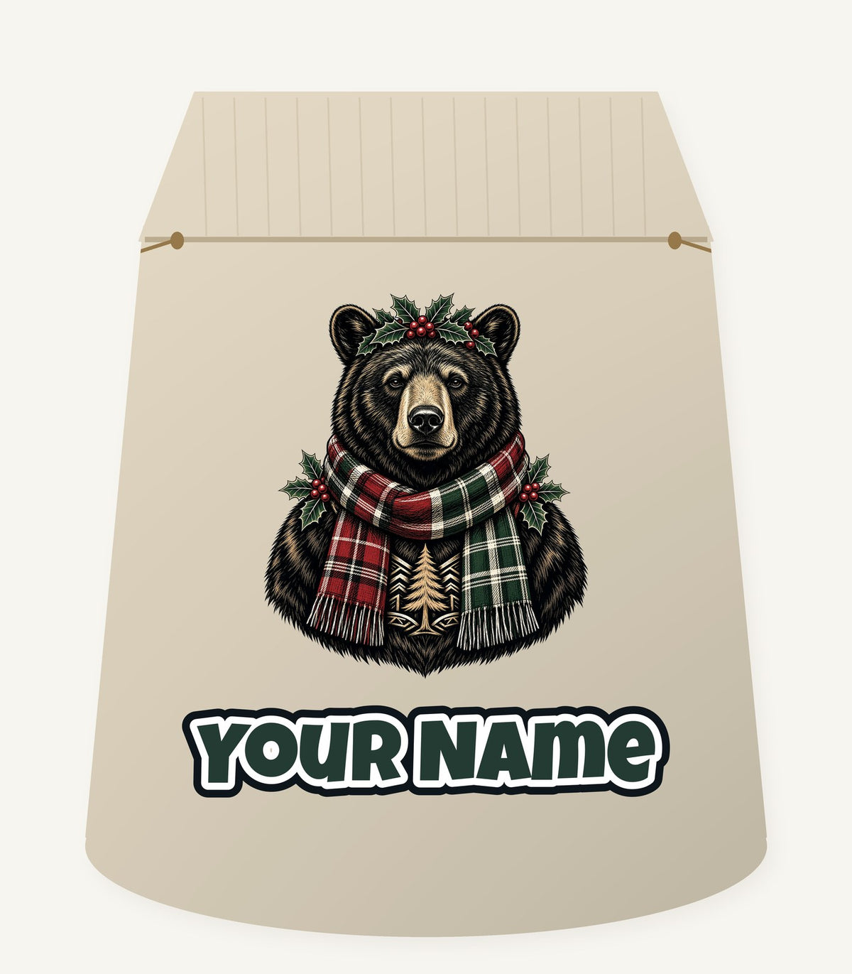 Bear In A Tartan Scarf Personalised Santa Sack