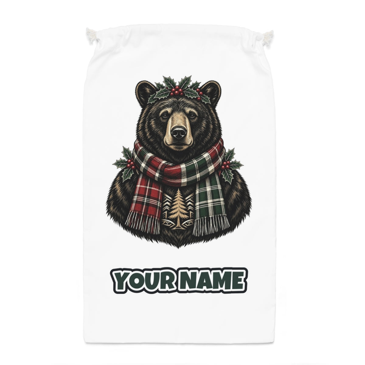 Bear In A Tartan Scarf Santa sack laid flat, showing the full print