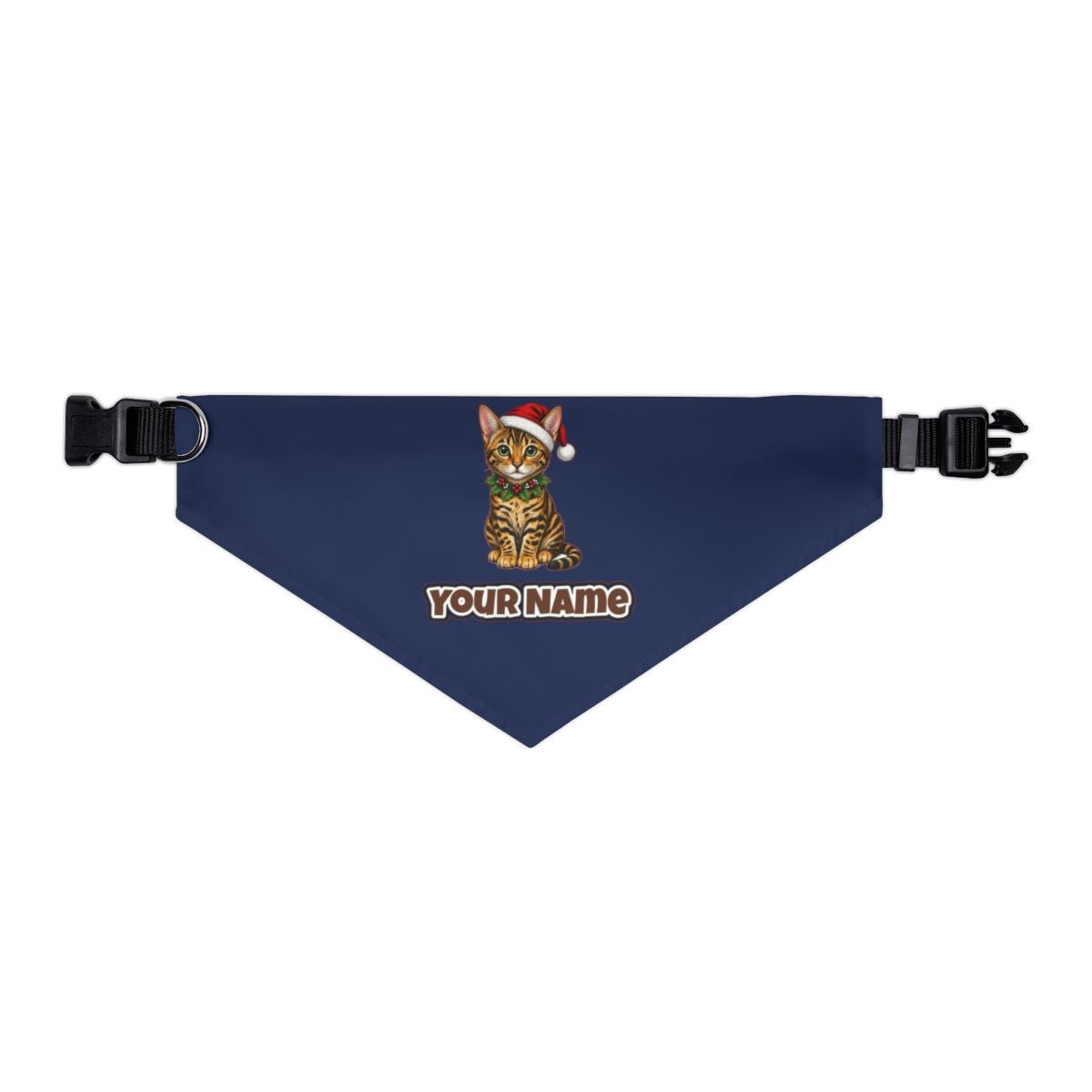 Bengal personalised Christmas pet bandana in navy, collar with buckle